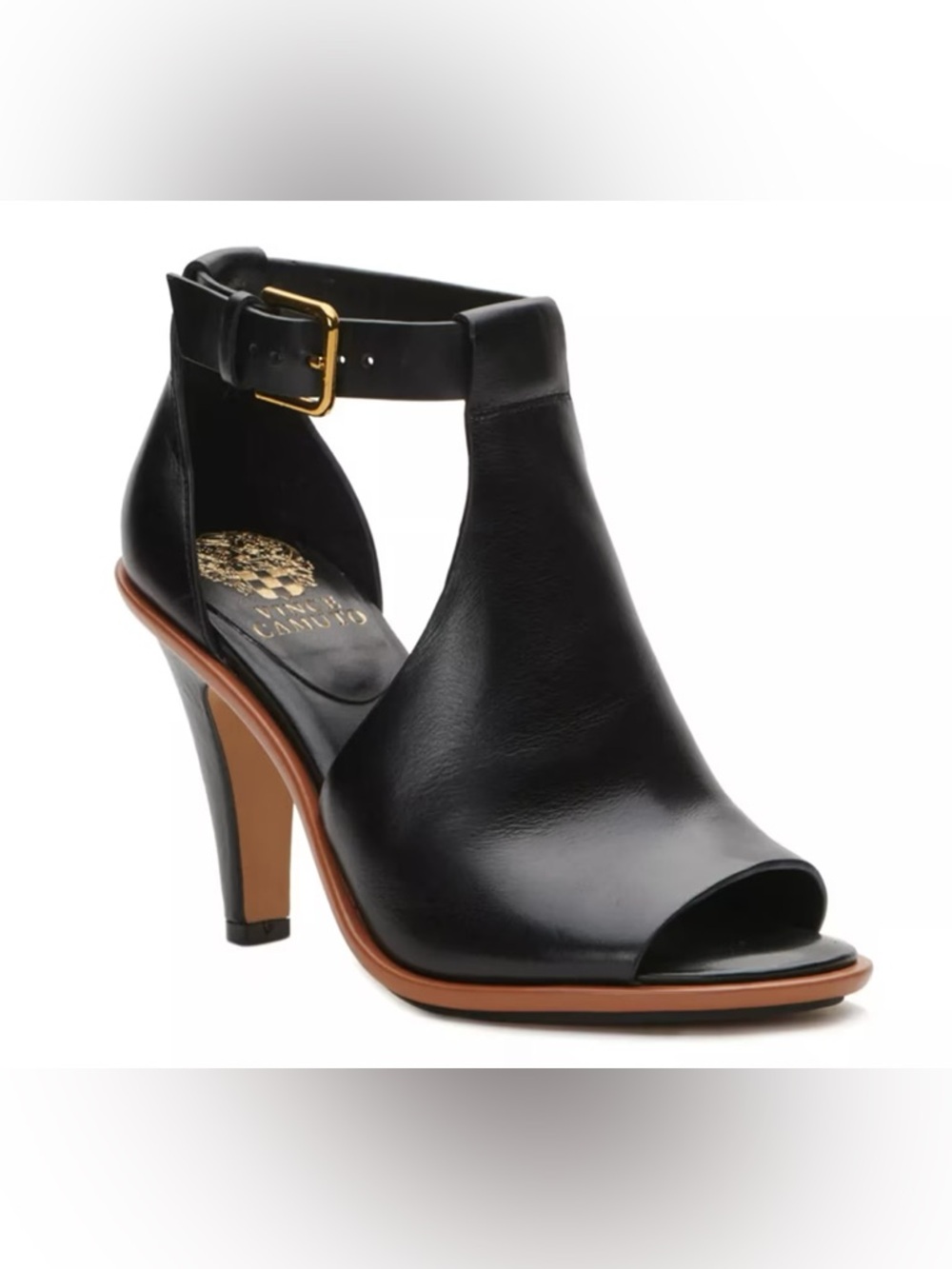 LIKE NEW Vince Camuto FRASPER Black Leather Open-Toe Ankle Strap Heels